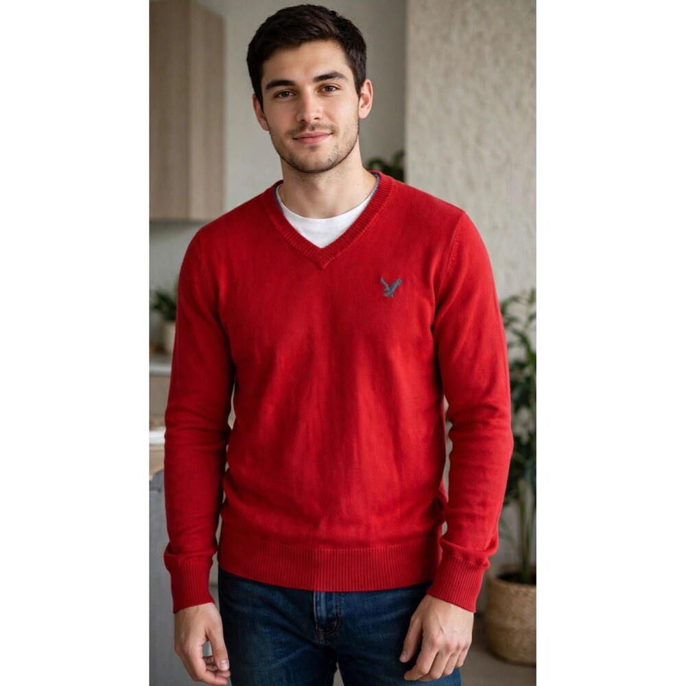 Vintage American Eagle Men's V-Neck Knit Sweater Red VTG Fit Size S 100% cotton